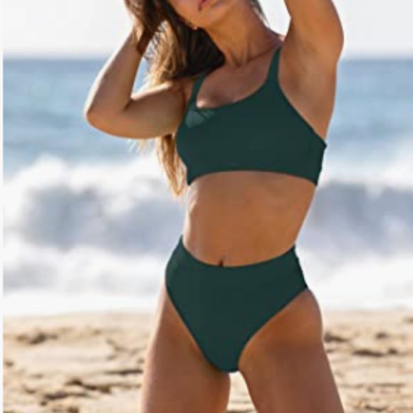 Dark Green Women High Waisted Bikini Set - Picture 1 of 4